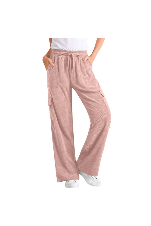 Women's Multi Pocket Cargo Wide Leg Pants, Layered Side Bags, Elastic Drawstring Waist with Thick Textile for Office Commute in Fall Winter Pink XXL