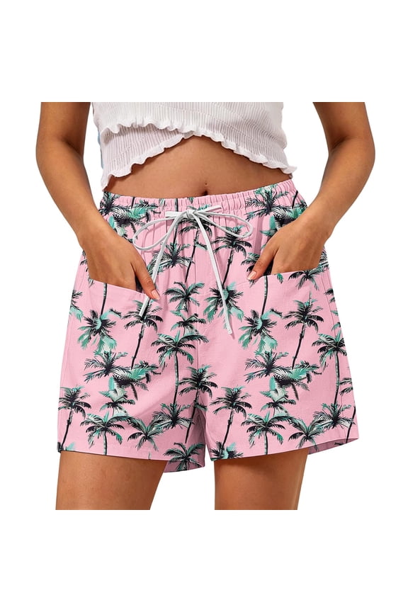 Women’s Pink Palm-Tree Printed Casual Shorts, DUnrefinedstring Waist & Airy-Washed Cut for Relaxed Coastal Beach Leisure Moments Pink M