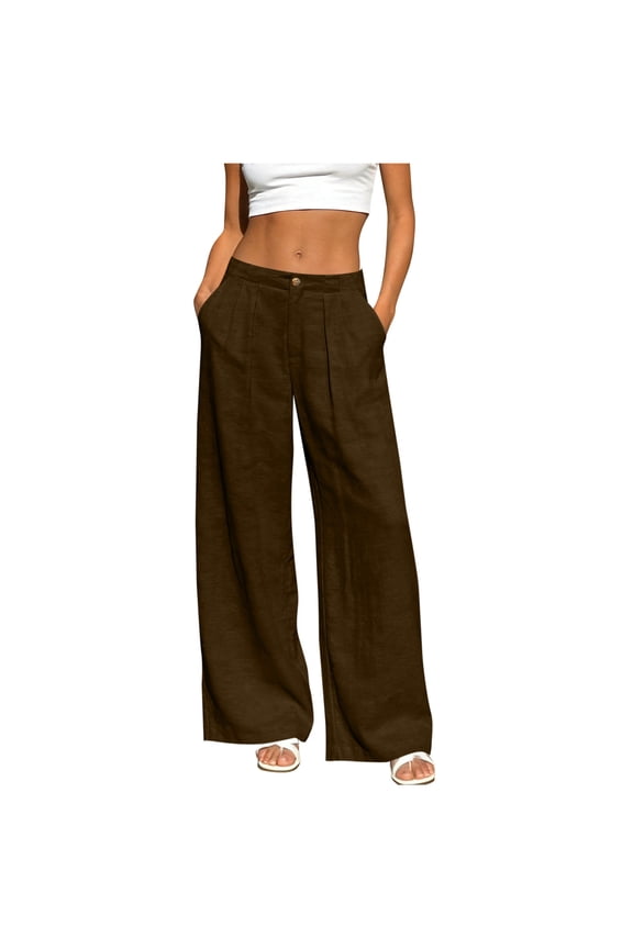 Women’s Pleated Full-Length Linen Pants, Single-Button Waist with Side-Slip Pockets for Leisure Rural Sightseeing Day Trips Brown S