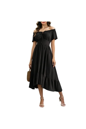 Flowy Off Shoulder Dress Black for Women and Girls