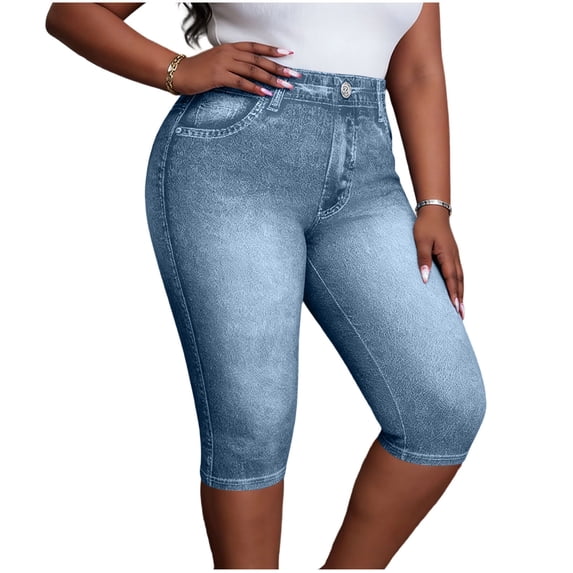 PWPSG Women's Plus Size Button Waist High Rise Slim Fit Denim Capri Pants, High Stretch Butt Lifting for Daily Commute Casual Wear Blue M