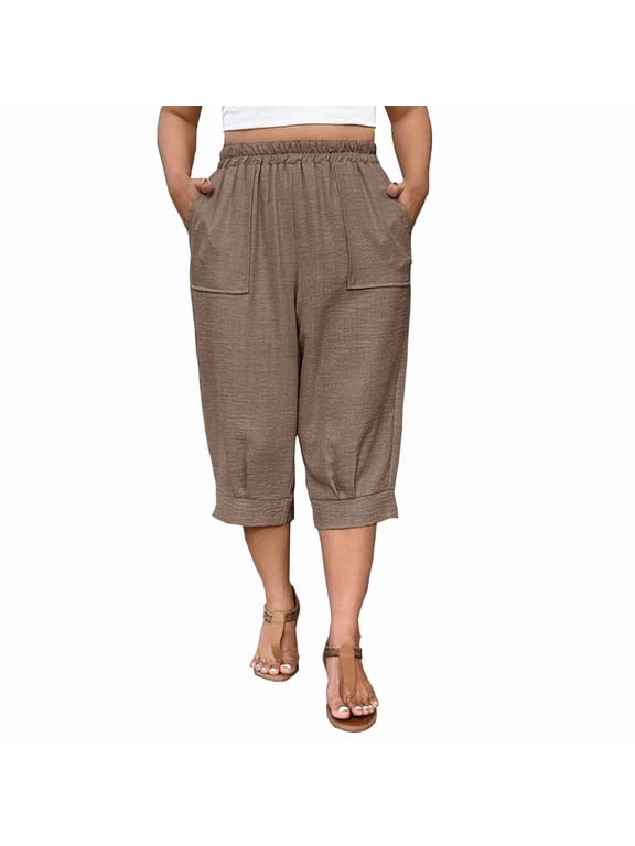 Women's Plus Size Elastic Waist Multi Pocket Cuffed Capri Pants, Breathable for Summer Daily Casual Commute Yellow XL