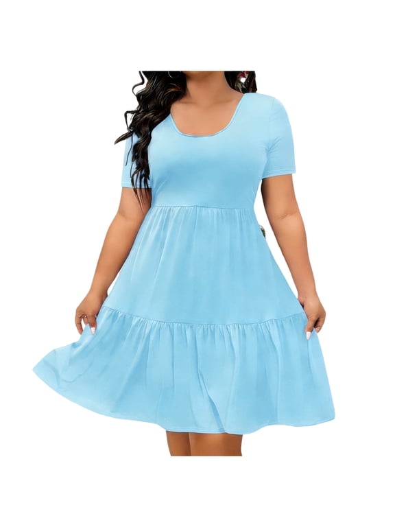 Women’s Plus U Scoop Neck Short Sleeve Tiered Ruffle A Line Mini Dress Loose Babydoll Oversized Silhouette Blue XXL