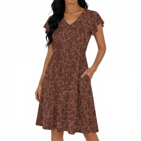 PWPSG Women’s Plus V Neck Flutter Sleeve Cinched Waist A Line Midi Dress Delicate Twig Print with Practical Side Seam Pockets Brown S