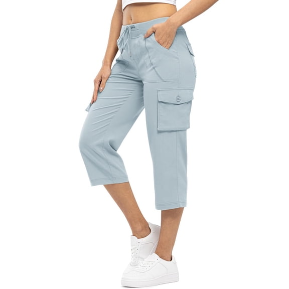 PWPSG Women's Quick Dry Cargo Capri Pants, Elastic Drawstring Waist with Pockets for Outdoor Daily Wear