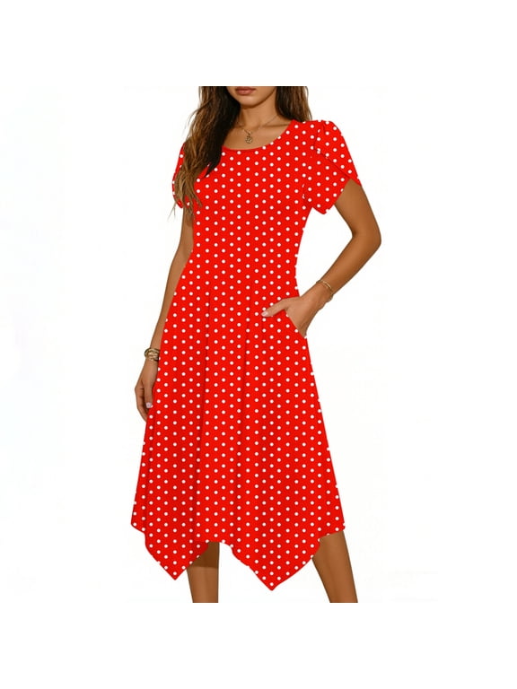 Women's Round Neck Petal Short Sleeve Midi Dress, Polka Dot Print Irregular Hem, Relaxed A Line Cut for Town Trips Red M