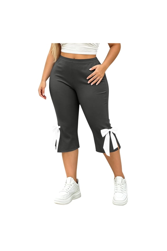Women’s Side-Bow Split Flare Capri Pants, High-Rise Waist with Seamless Inner Pockets for Casual Daily Pet Walking Strolls Gray L