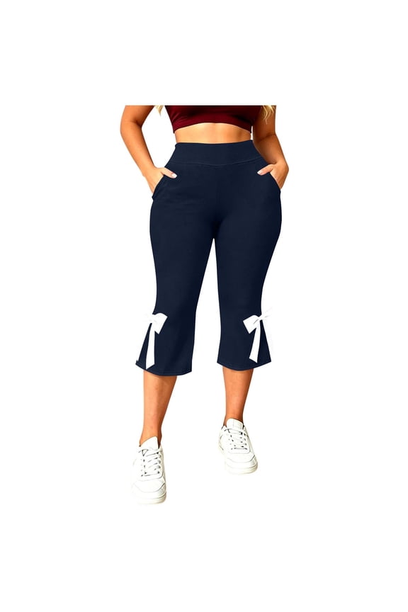 Women’s Single-Bow Split Flared Capri Pants, High-Rise Waist & Stretch Fit for Fresh Early Dawn Outdoor Morning Jogs Blue L
