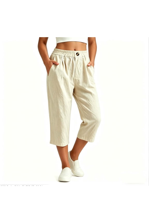 Women’s Single-Button Pleated Wide-Leg Capri Linen Pants, High-Rise Waist & Washed-Natural Cut for Small-Town Regular Daily Errands Beige S