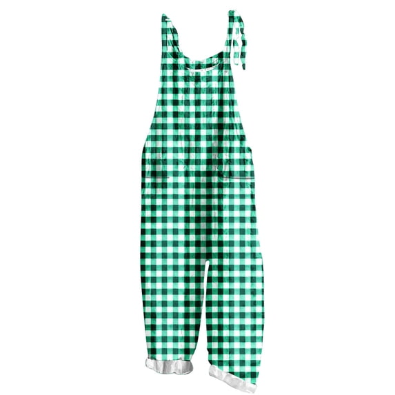 PWPSG Women's Sleeveless Gingham Plaid Overalls, Classic Check Pattern, Straight Loose Leg with cuffed ankle hems Green L