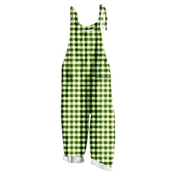 PWPSG Women's Sleeveless Gingham Plaid Overalls, Classic Check Pattern, Straight Loose Leg with cuffed ankle hems Green L
