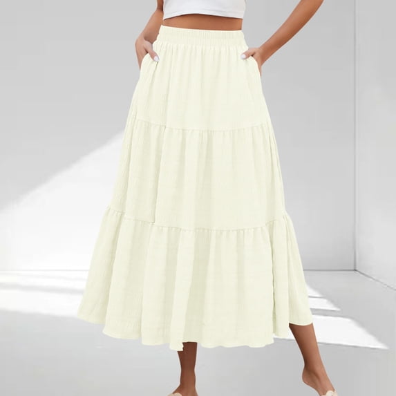 PWPSG Women’s Smocked High Waist Maxi Skirt, Three Tier Ruffle Side Pockets Crinkle Fabric, Relaxed A Line Cut for Suburban Trips Beige XXL