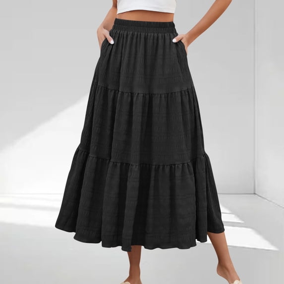 PWPSG Women’s Smocked High Waist Maxi Skirt, Three Tier Ruffle Side Pockets Crinkle Fabric, Relaxed A Line Cut for Suburban Trips Black M