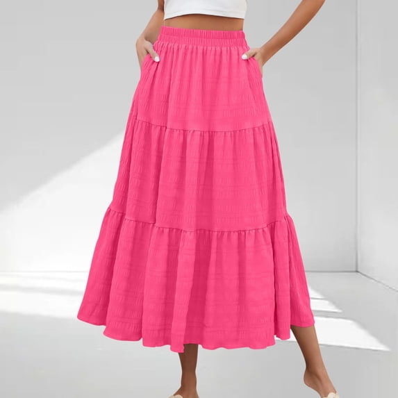 PWPSG Women’s Smocked High Waist Maxi Skirt, Three Tier Ruffle Side Pockets Crinkle Fabric, Relaxed A Line Cut for Suburban Trips Pink XL