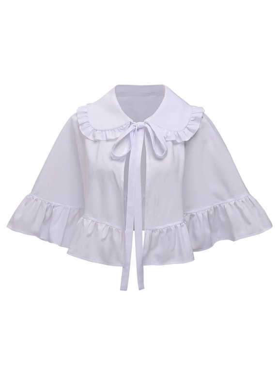 Women's Solid Capelet Cropped Lapel Collar Sleeveless Tie Front Shawl Wrap Shrug Bow Detail Satin for Weekend Family Outing White Free Size