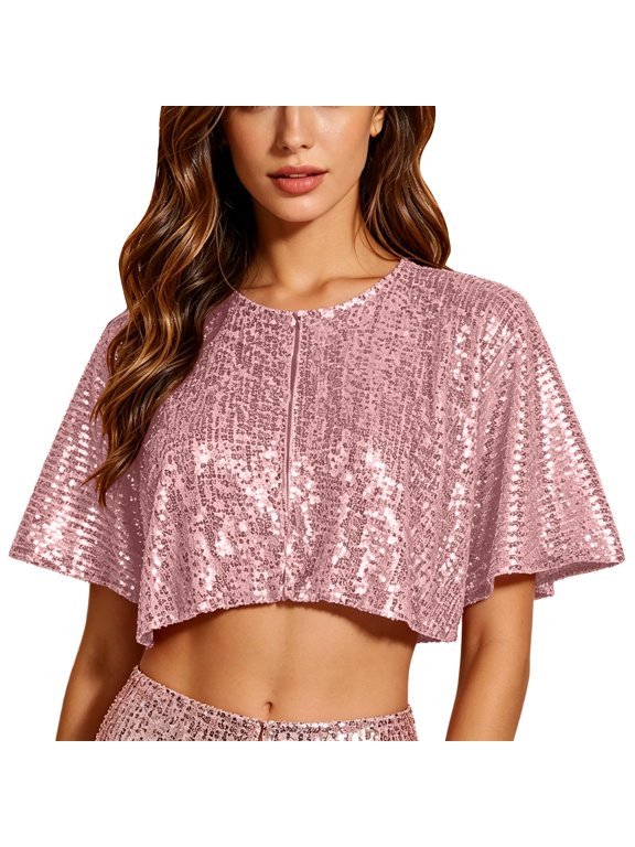 Women's Solid Capelet Sequin Cropped Crew Neck Sleeveless Open Front Shrug Shawl Wrap Sequin Trim for Evening Gown Event Pink Free Size