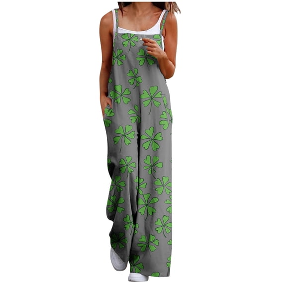 PWPSG Women's Spaghetti Strap Clover Pattern Print Overalls, Straight Loose Leg, Convenient Side Pockets for outdoor outings Gray XL
