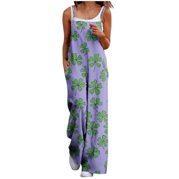 PWPSG Women's Spaghetti Strap Clover Pattern Print Overalls, Straight Loose Leg, Convenient Side Pockets for outdoor outings Purple S