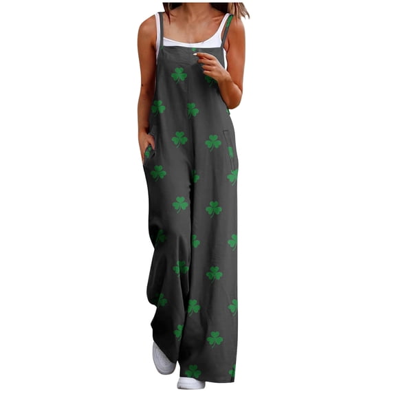 PWPSG Women's Spaghetti Strap Leaf Pattern Print Overalls, Oversized Straight Leg, Side Entry Pockets for casual gatherings Black XXL