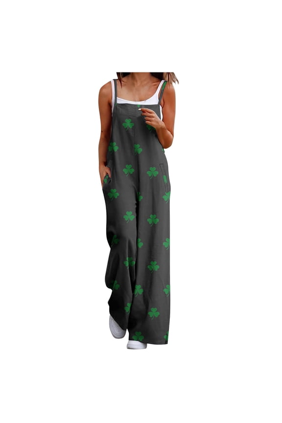 Women's Spaghetti Strap Leaf Pattern Print Overalls, Oversized Straight Leg, Side Entry Pockets for casual gatherings Black XXXL