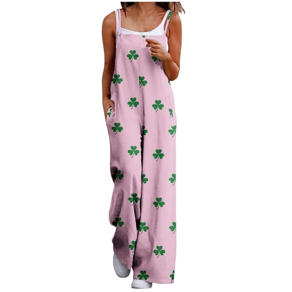 PWPSG Women's Spaghetti Strap Leaf Pattern Print Overalls, Oversized Straight Leg, Side Entry Pockets for casual gatherings Pink XL