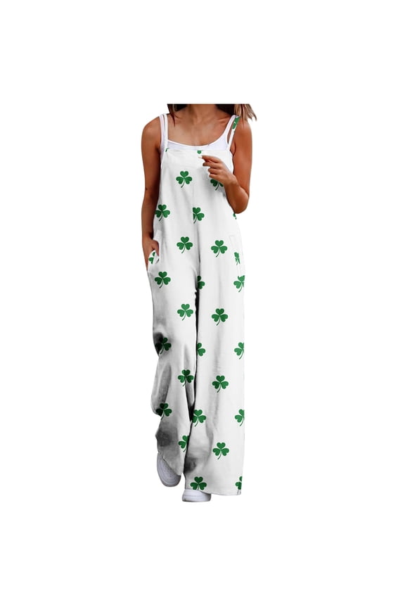 Women's Spaghetti Strap Leaf Pattern Print Overalls, Oversized Straight Leg, Side Entry Pockets for casual gatherings White L