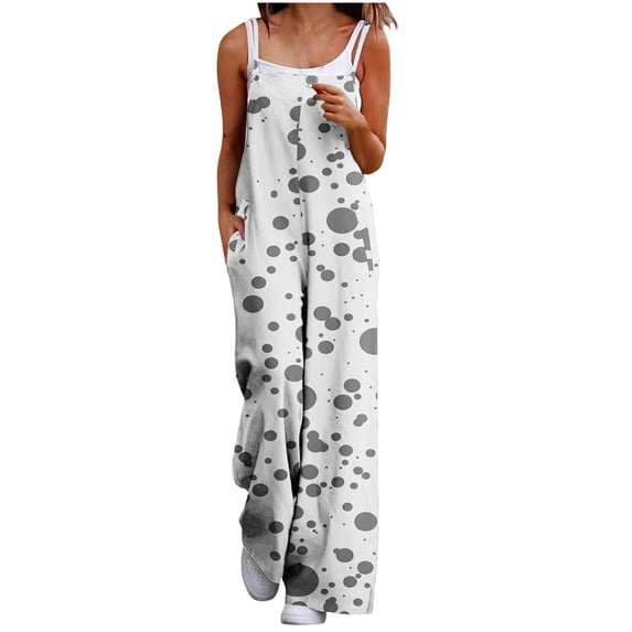 PWPSG Women's Spaghetti Strap Polka Dot Print Overalls, Straight Relaxed Leg, Practical Side Pockets for weekend relaxation Gray M