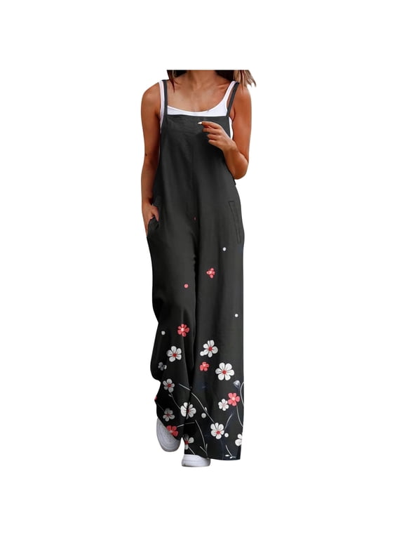 Women's Spaghetti Strap Soft Floral Jumpsuit, Elegant Floral Pattern, Straight Relaxed Leg with handy side pockets Black XXXL