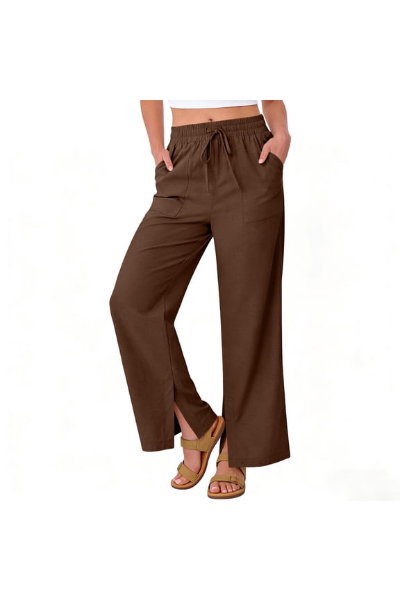 Women's Split Hem Wide Leg Pants, High Rise Ankle Slit, Side Slip Pockets with Drawstring Fastening for Travel Friendly Trips in Fall Winter Brown L
