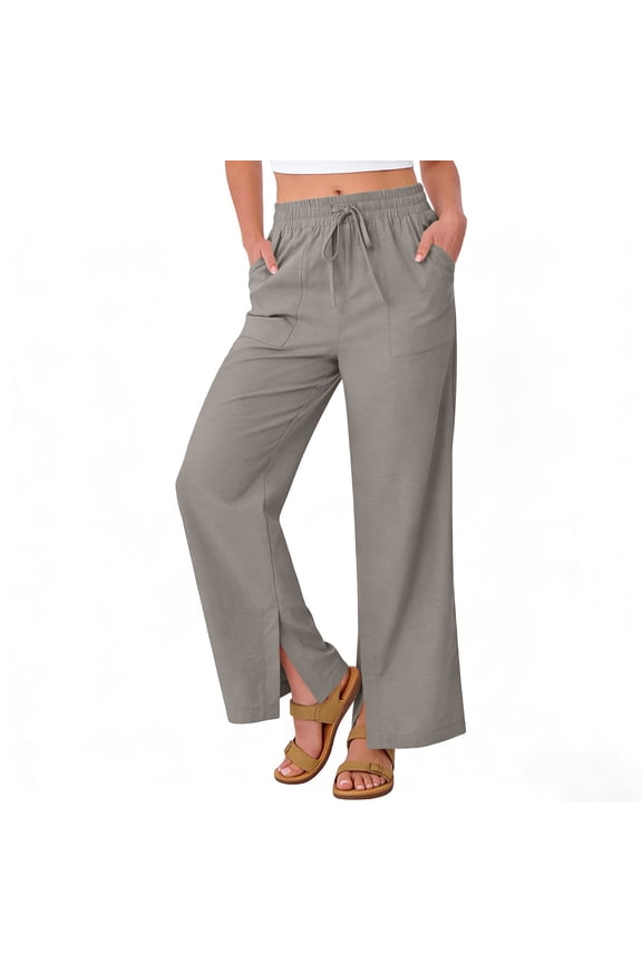 Women's Split Hem Wide Leg Pants, High Rise Ankle Slit, Side Slip Pockets with Drawstring Fastening for Travel Friendly Trips in Fall Winter Gray M