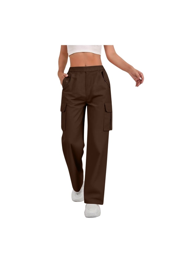 Women's Straight Cargo Pants, Elastic Outer Waist, Bulky Side Cargo Pockets with Hidden Inner Drawstring for Business Client Visit in Fall Brown XXL