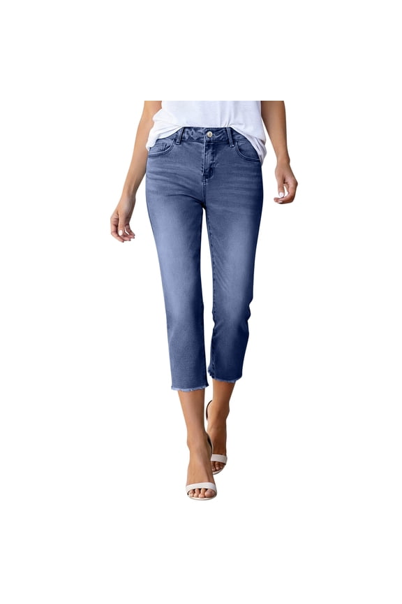 Women's Stretchy High Waisted Ripped Jeans Tummy Control Straight Leg Slim Blue Jeans 2026 Blue XXL