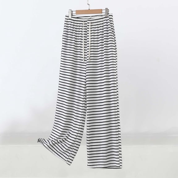 PWPSG Women's Striped Casual Pants with Elastic Drawstring Waist and Pockets, Comfy for Sports, Lounge and Home Use Black S