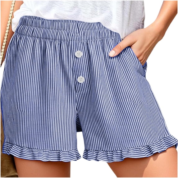PWPSG Women's Striped Ruffle Hem Button Shorts, Elastic Waist Loose Fit with Pockets for Vacation Casual Wear Blue L