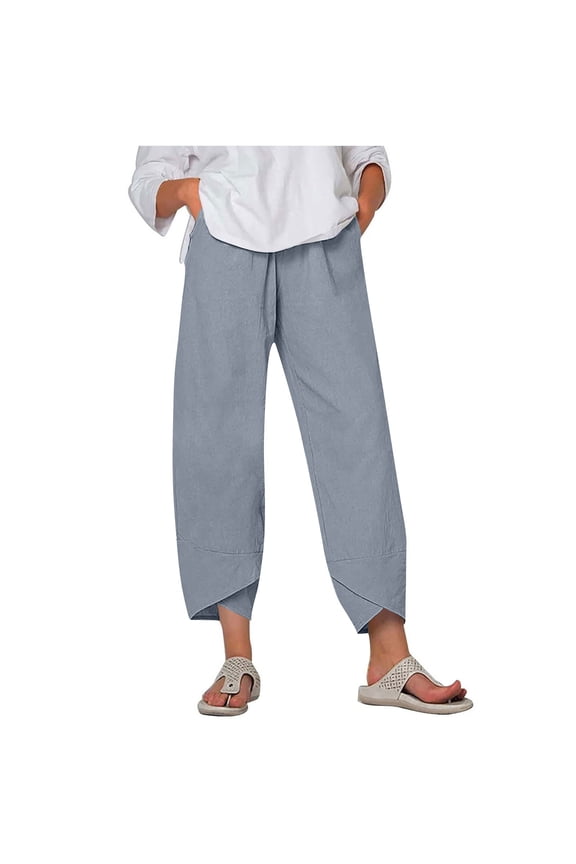 Women's Summer Casual Linen Capri Pants Wide Leg Loose Fit Palazzo Pants Elastic Waist Cropped Trousers Blue M