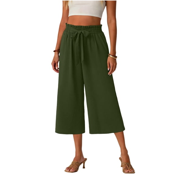 PWPSG Women's Summer Lace-Up Solid Loose Straight Capri Pants, Ruffle Elastic Waist with Pockets, Lightweight Breathable Casual Seven-Point Trousers Green XXL