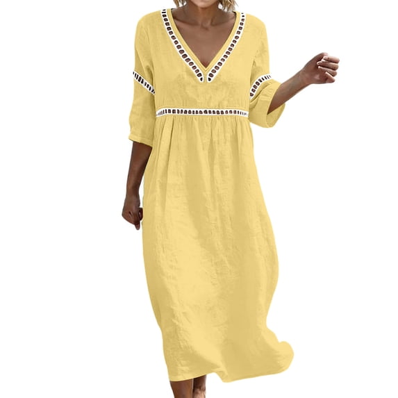 PWPSG Women's Three Quarter Sleeve Beach Maxi Dress, V Neck Hollow Strap Detail, Gathered Waist for Warm Weather Trips Yellow S