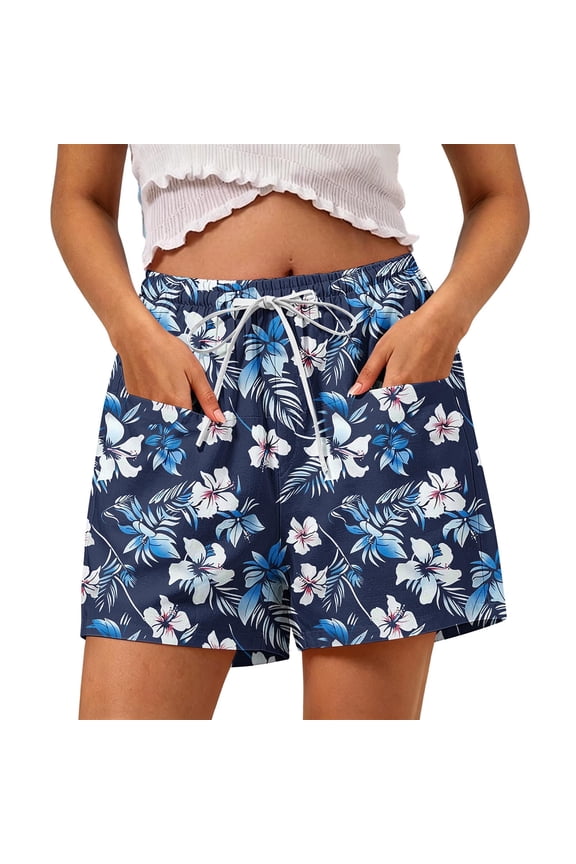 Women’s Tropical Hibiscus-Print Beach Shorts, DUnrefinedstring Waist & Quick-Dry Thin Cut for Warm Tropical Island Day Excursion Plans Blue S