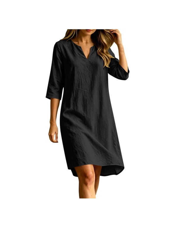 Women's V Neck 3/4 Sleeve Linen Blend Dress, Irregular Curved Hem, Textured Fabric, Loose Cut for Village Trips Black XL