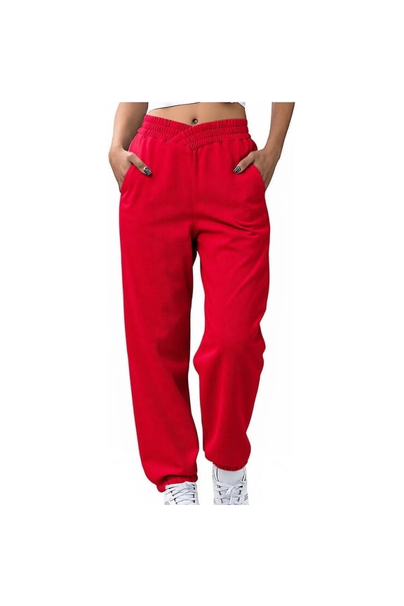 Women's V-Notch Waist Jogger Pants, Tapered Leg Build, Side Seam Pockets with Elastic Closure for Daily Errand Runs in Fall Winter Red S