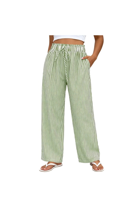 Women’s Vertical-Striped Wide-Leg Pants, High-Rise Elastic Waist & Textured-Cotton Cut for Remote Hamlet Leisure Trekking Walks Green M