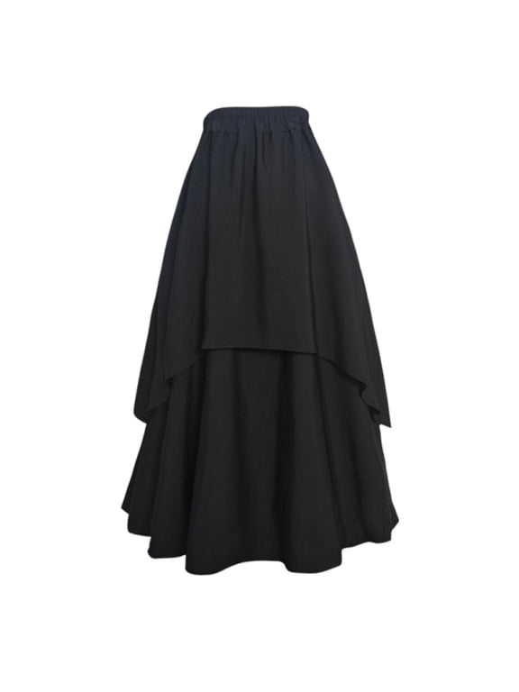 Women's Wide Elastic Maxi Skirt, Solid Double Overlay Woven, Loose Hip Swing Hem for Casual Walks Black XXL