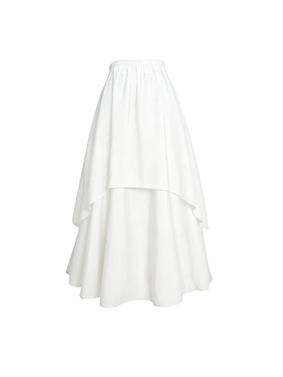 Women's Wide Elastic Maxi Skirt, Solid Double Overlay Woven, Loose Hip Swing Hem for Casual Walks White XXL