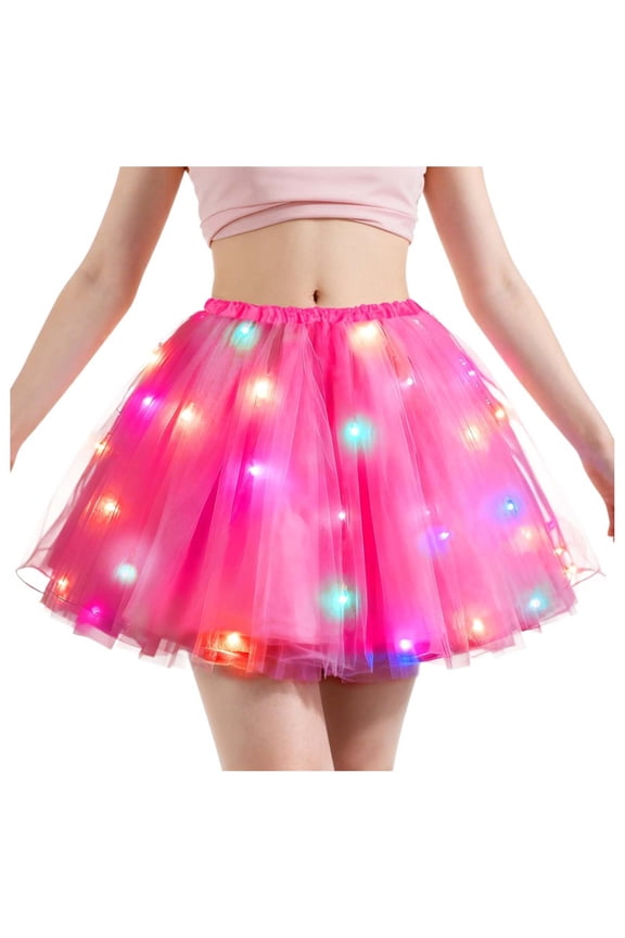 Women's Wide Elastic Mini Tulle Tutu Skirt, Multi Layer Mesh Built-In LED String, Fluffy Swing Hem for Comic Con Days Pink Free Size