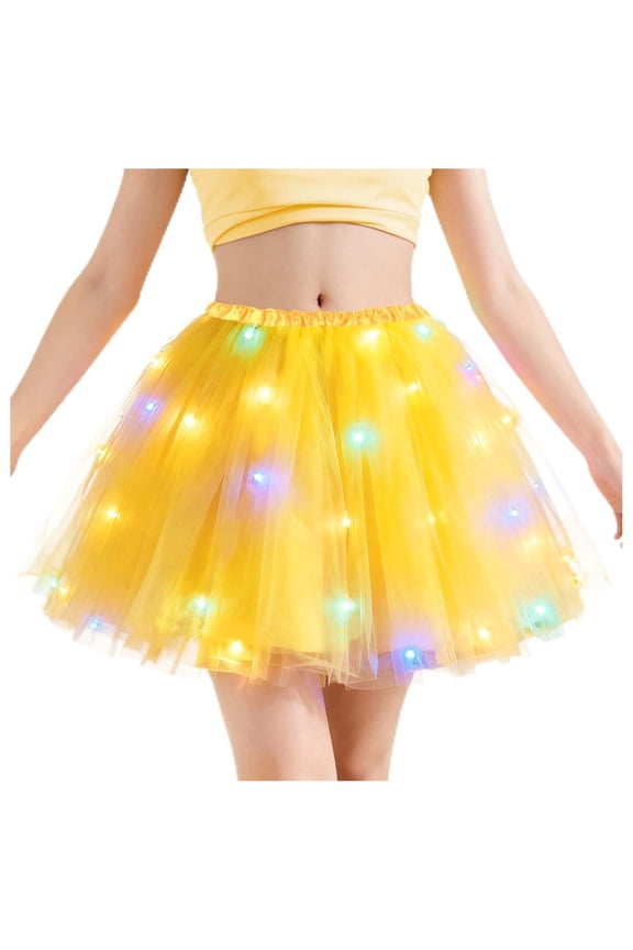 Women's Wide Elastic Mini Tulle Tutu Skirt, Multi Layer Mesh Built-In LED String, Fluffy Swing Hem for Comic Con Days Yellow Free Size