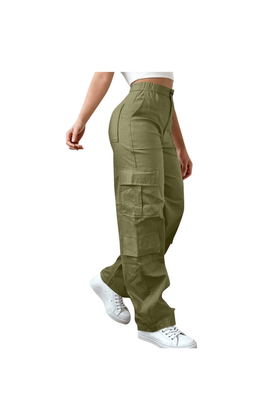Women's Wide Leg Cargo Pants, Elastic Waist Straight Cut, Bulky Side Cargo Pockets with Heavy Weave for Business Client Visit in Fall Winter Green S