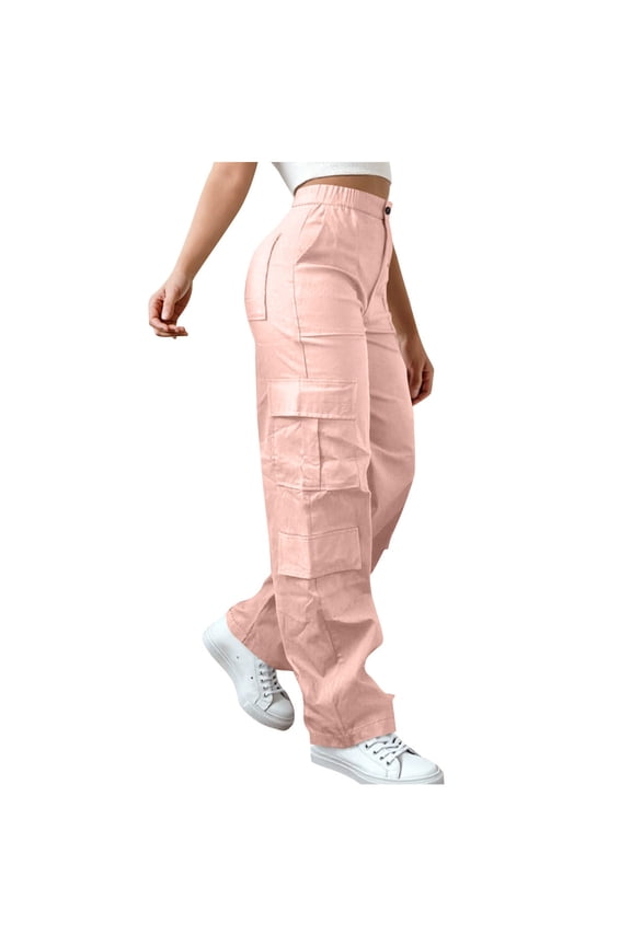 Women's Wide Leg Cargo Pants, Elastic Waist Straight Cut, Bulky Side Cargo Pockets with Heavy Weave for Business Client Visit in Fall Winter Pink XXL