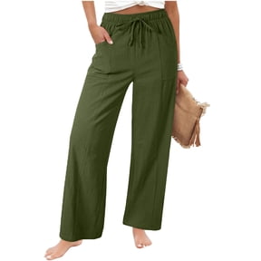 PWPSG Women's Wide Leg Pants, Basic Drawstring Waist, Front Patch Pockets with Relaxed Draping for Office Daily Commute in Fall Winter Green S