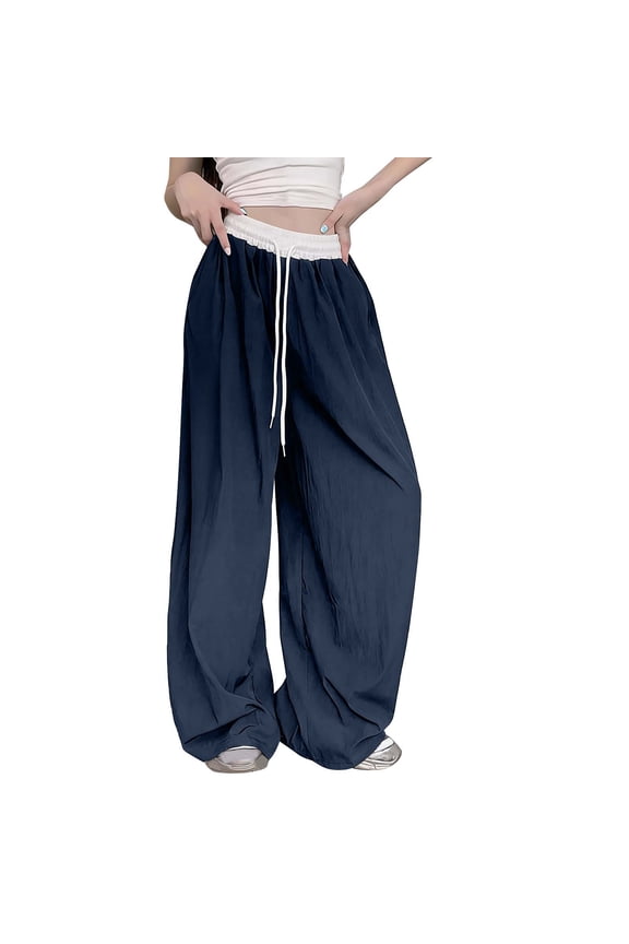 Women's Wide Leg Sweatpants Drawstring High Waisted Yoga Pants with Pockets Patchwork Straight Gray Sweatpants Loose Fit Navy XXL