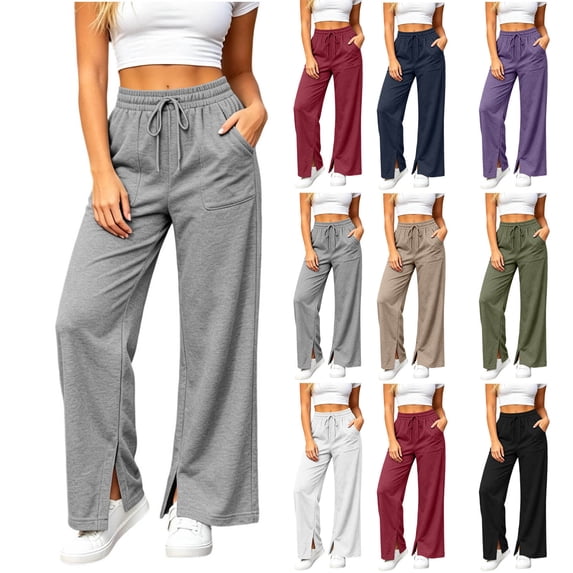 PWPSG Women's Wide Leg Sweatpants High Waist Drawstring Casual Lounge Pants with Pockets Ankle Slit